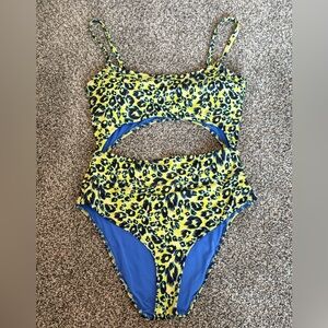 Aerie Cheeky One Piece Swimsuit - Yellow and Blue Leopard